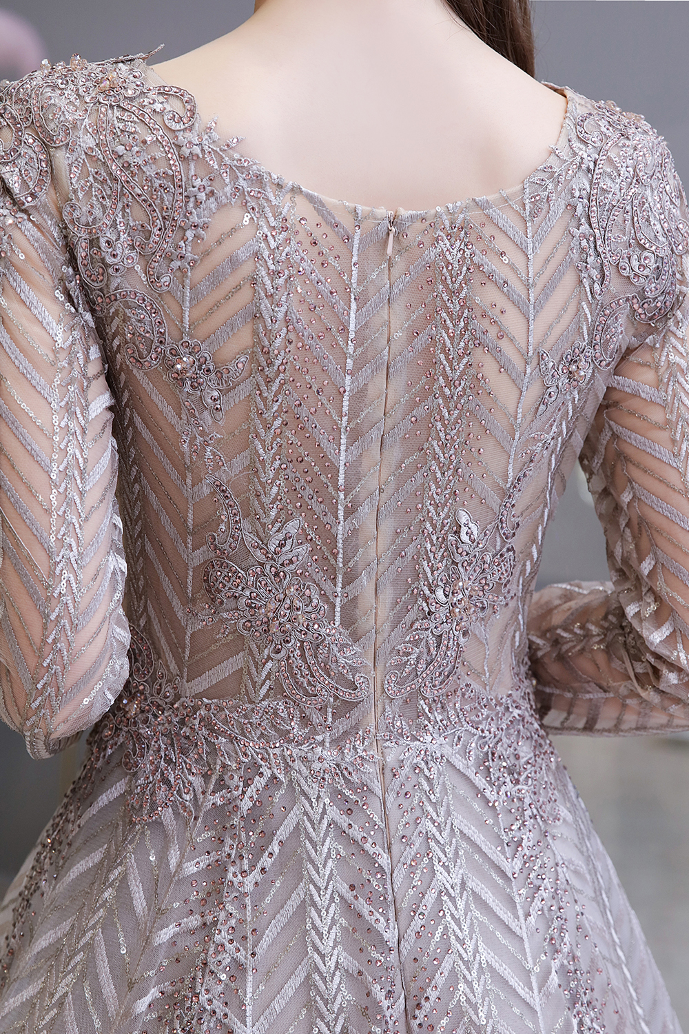 A-line V-neck Long Sleeves Sweep / Brush Train Lace Evening Dress With Pearls 12