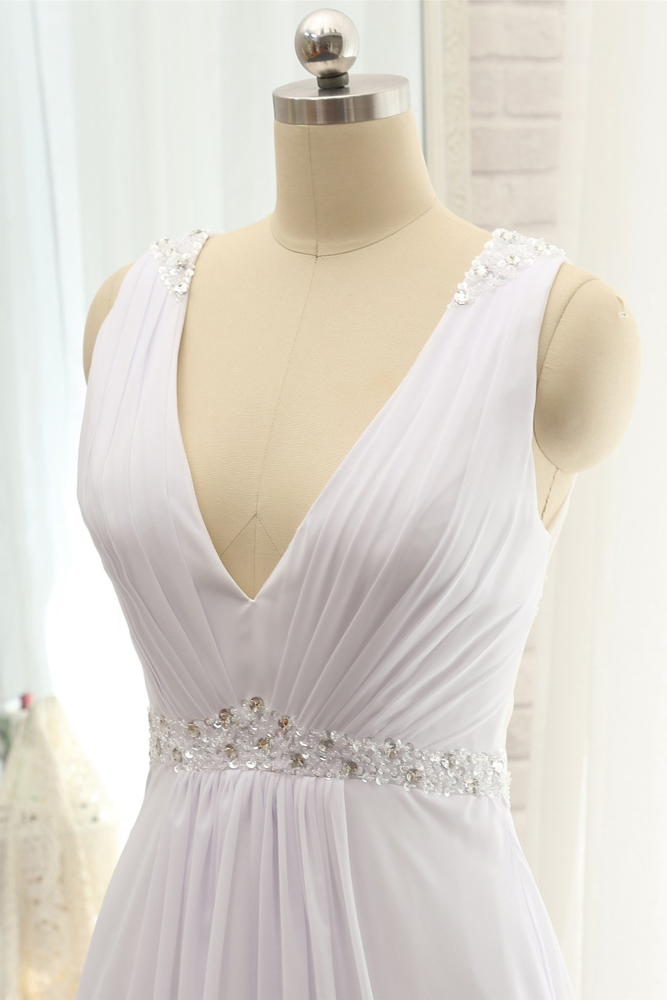 A-line Straps V-neck Sleeveless Floor-length 100D Chiffon Wedding Dress 4