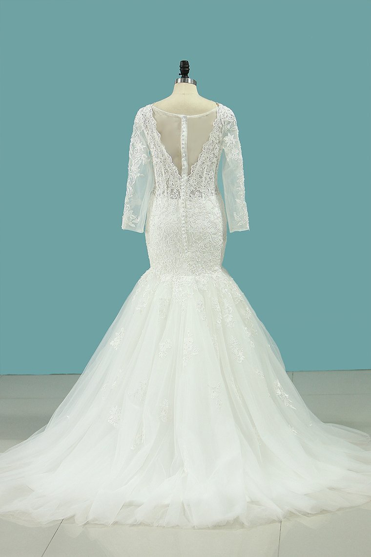 Mermaid Square Neck Long Sleeves Floor-length Tulle Wedding Dress With Appliques 3