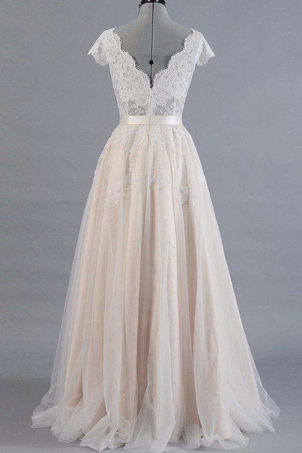 A-line V-neck Short Sleeves Floor-length Tulle Bridal Dress With Ribbons 2
