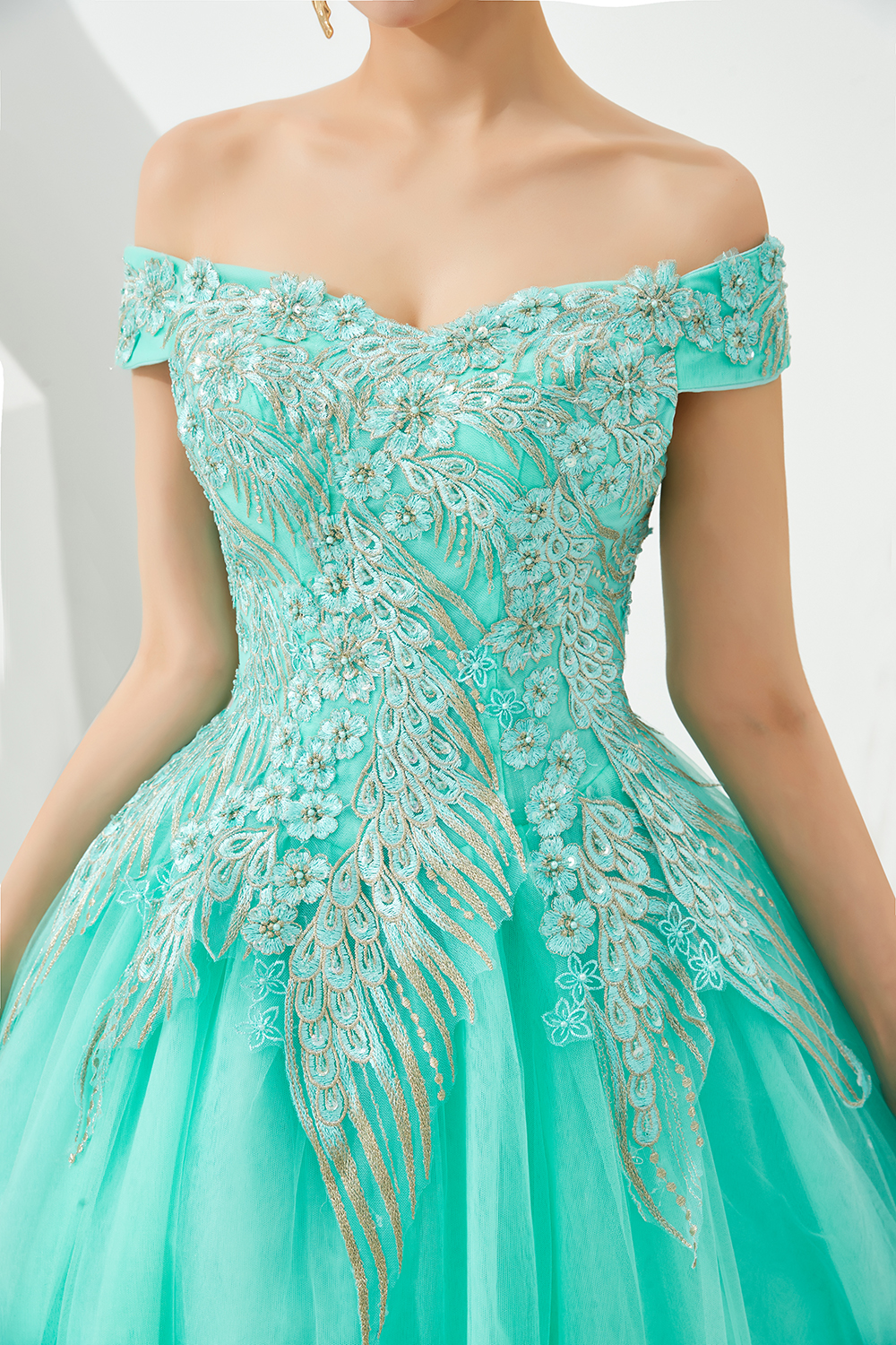Ball Gown Off-the-shoulder Cap Sleeves Sweep / Brush Train Tulle Formal Dress With Beading 16