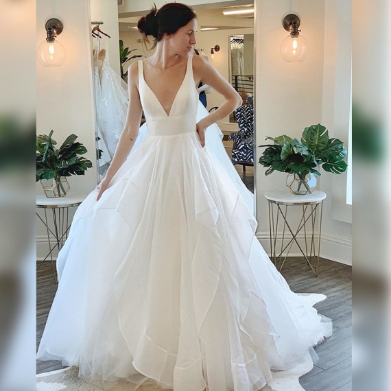 A-line Plunging Neckline Sleeveless Court Train Tulle Wedding Dress With Draped 2