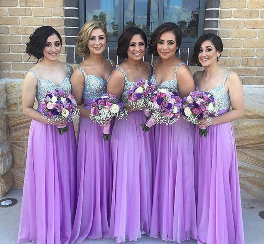 A-line Spaghetti Straps Sleeveless Floor-length 100D Chiffon Bridesmaid Attire With Crystal 2