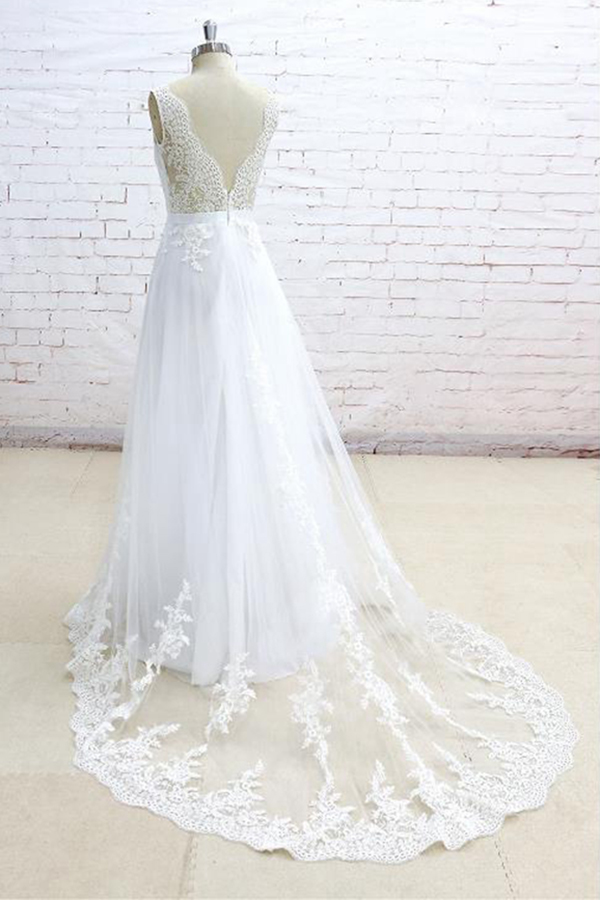 A-line V-neck Sleeveless Sweep / Brush Train Tulle Bridal Gown With Lace 4