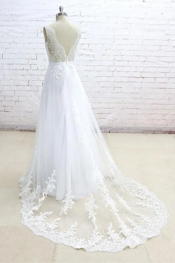 A-line V-neck Sleeveless Sweep / Brush Train Tulle Bridal Gown With Lace 4