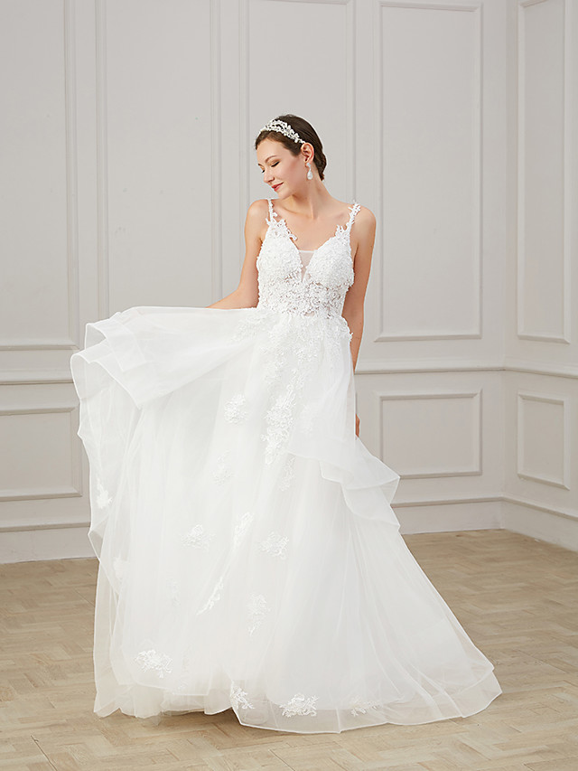 A-line V-neck Sleeveless Sweep / Brush Train Lace Bridal Gown With Lace 3