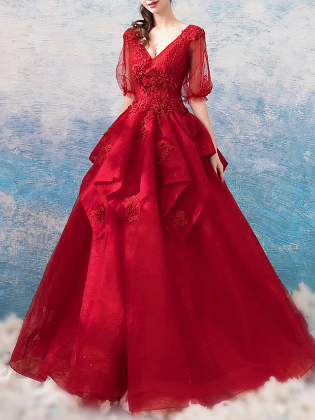 Ball Gown V-neck Half-Sleeves Floor-length Lace Bridal Dress With Lace 2