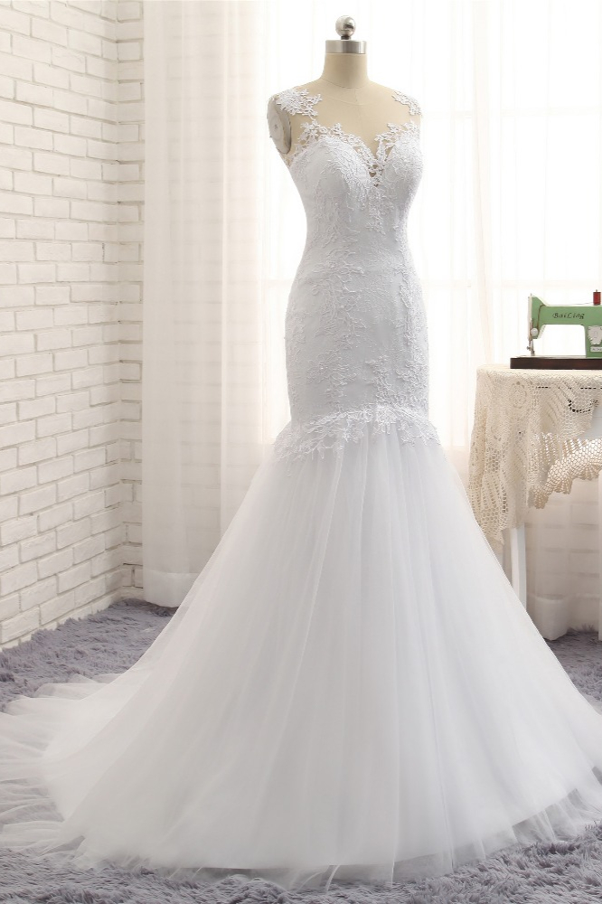 Mermaid Jewel Neck Sleeveless Floor-length Tulle Bridal Attire With Appliques 3