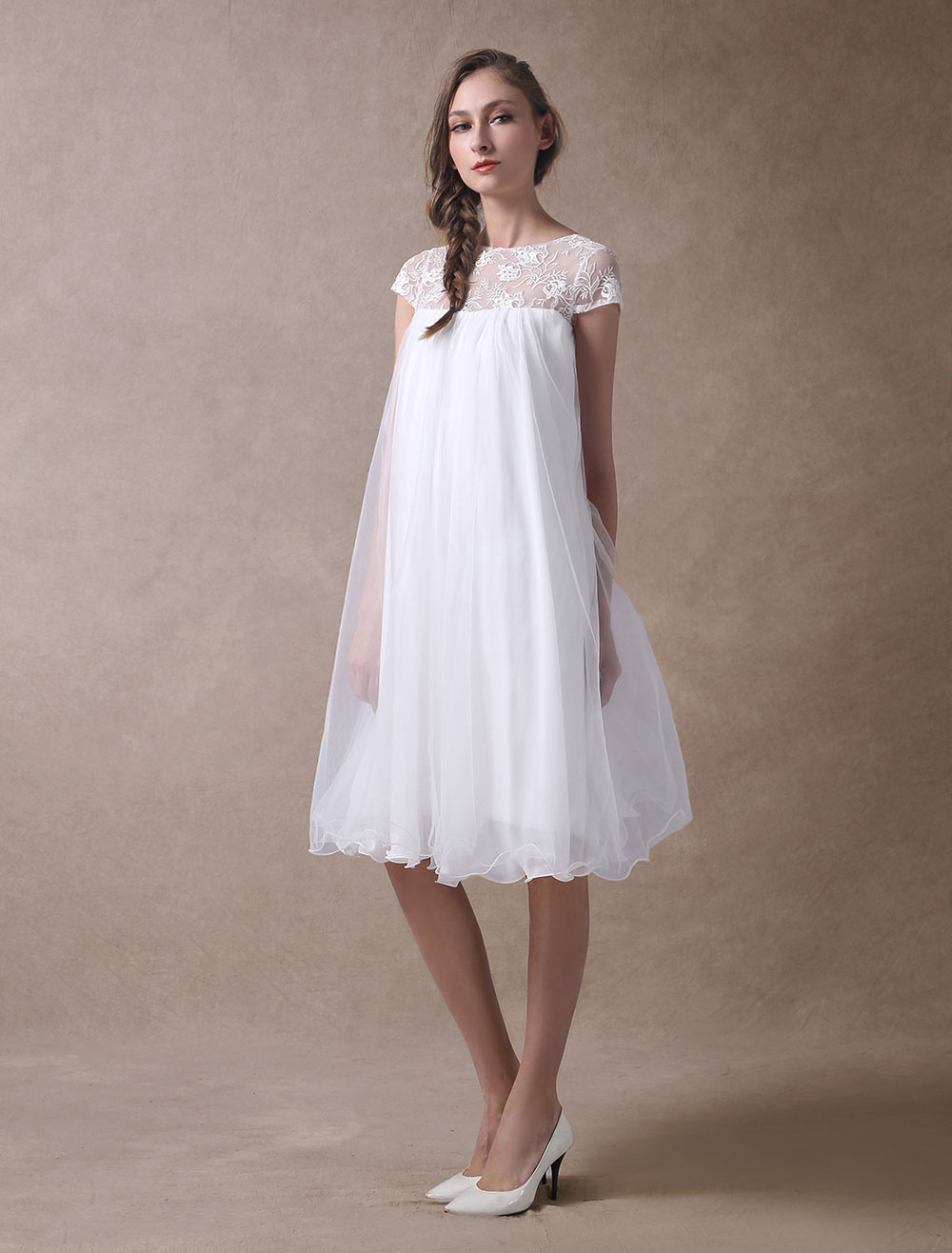 A-line Short Sleeves Mini Lace Bridal Attire With Lace 5
