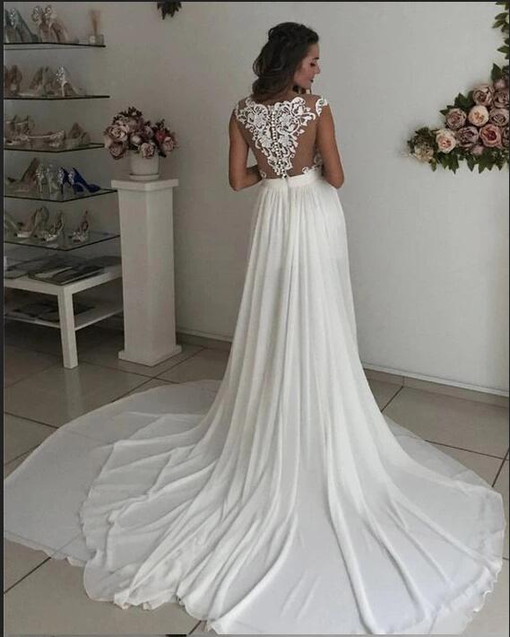 A-line V-neck Sleeveless Chapel Train 100D Chiffon Bridal Dress With Lace 2