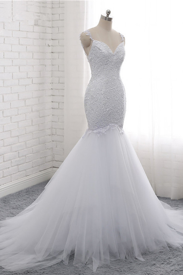 Mermaid V-neck Sleeveless Floor-length Tulle Bridal Dress With Appliques 3