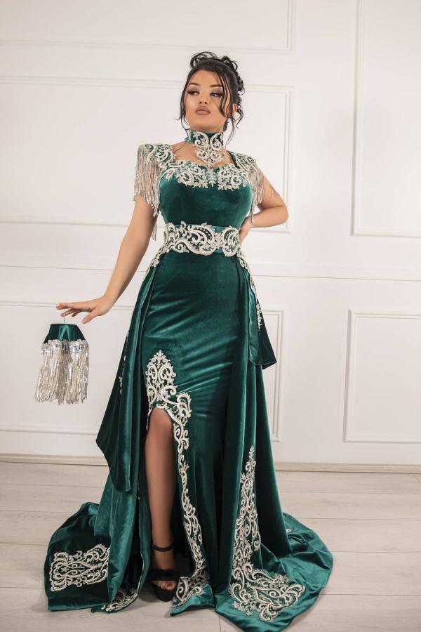A-line Straps Sleeveless Floor-length Velvet Formal Dress With Crystal 1