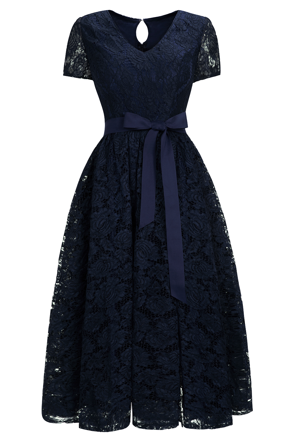 A-line V-neck Short Sleeves Tea-length Lace Bridesmaid Dress With Ribbons 7