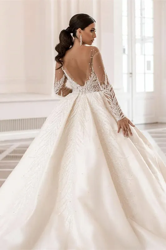 A-line Jewel Neck Long Sleeves Chapel Train Satin Bridal Gown With Crystal 2