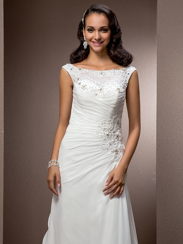 Column Bateau Neck Cap Sleeves Court Train Tulle Bridal Gown With Buttons 5