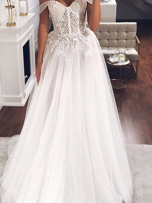 A-line Short Sleeves Tulle Wedding Gown With Sweep / Brush Train 2