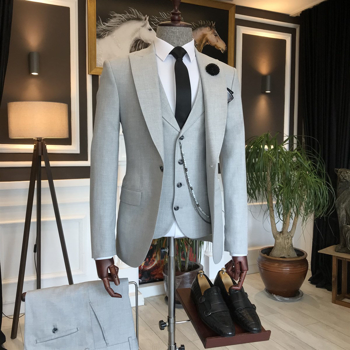 Light Gray Double Breasted Waistcoat Business Suit 2