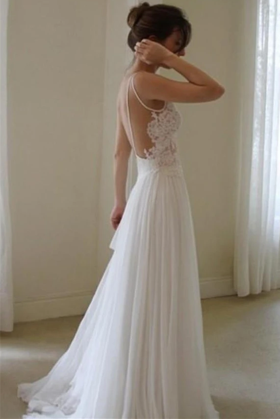 A-line V-neck Sleeveless Sweep / Brush Train 100D Chiffon Bridal Gown With Appliques 3
