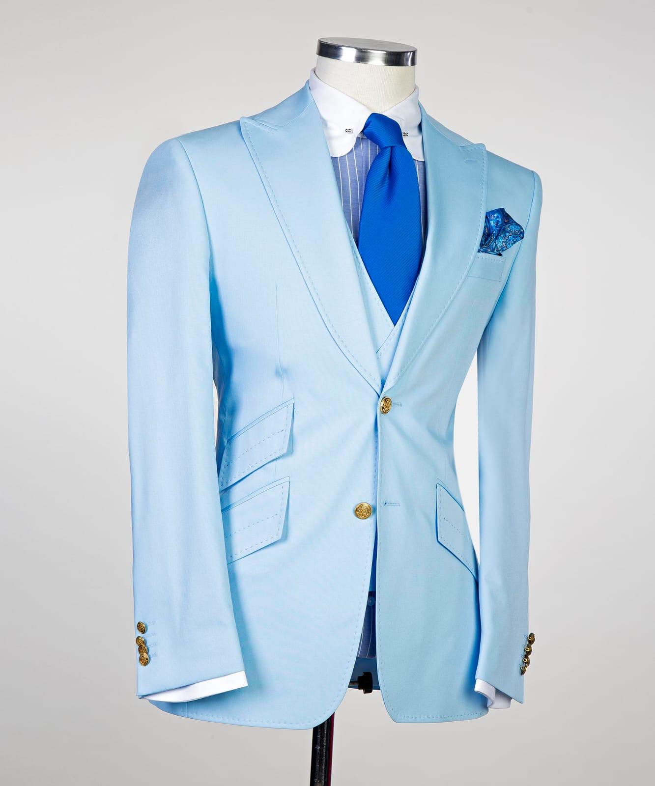 Sky Blue Three Pieces Slim Fit Men Suit with Peaked Lapel 3
