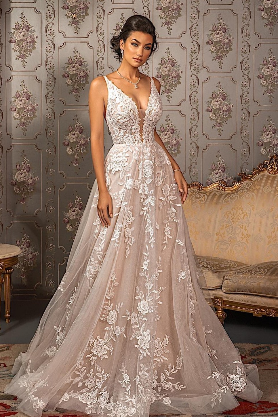 A-line V-neck Sleeveless Sweep / Brush Train Tulle Wedding Dress With Ruffles 4