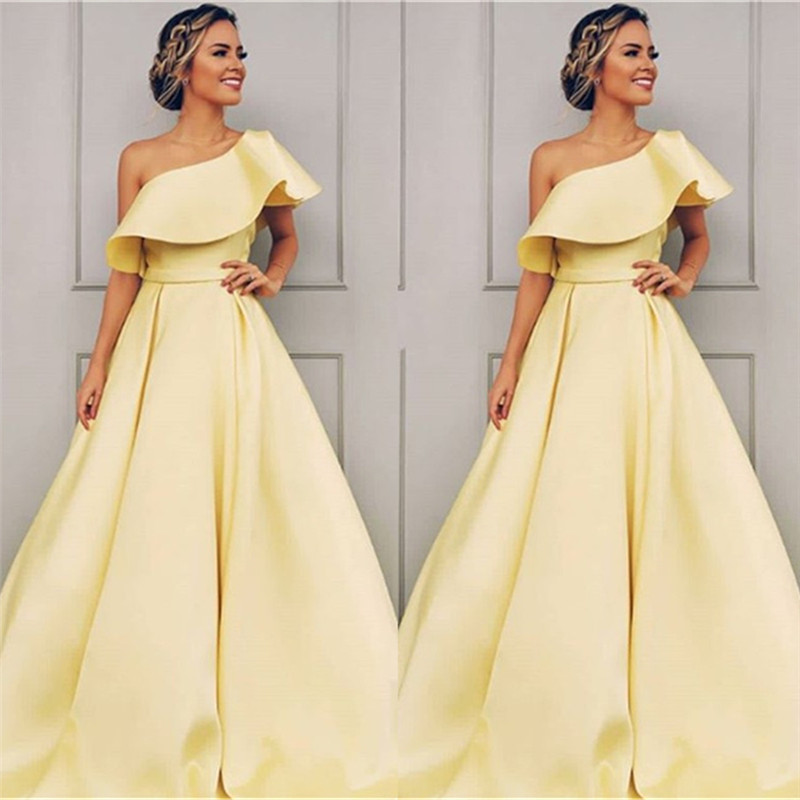 A-line One Shoulder Sleeveless Floor-length Evening Dress With Sweep / Brush Train 2