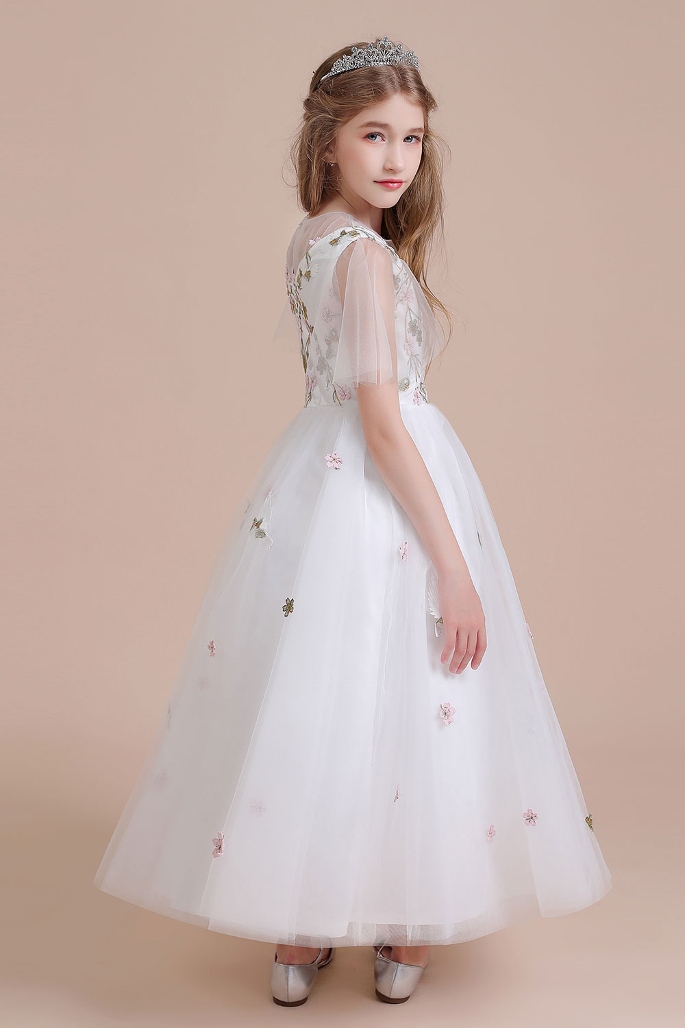 A-line V-neck Jewel Neck Short Sleeves Ankle-length Tulle Flower Girl Dress With Embroidery 8