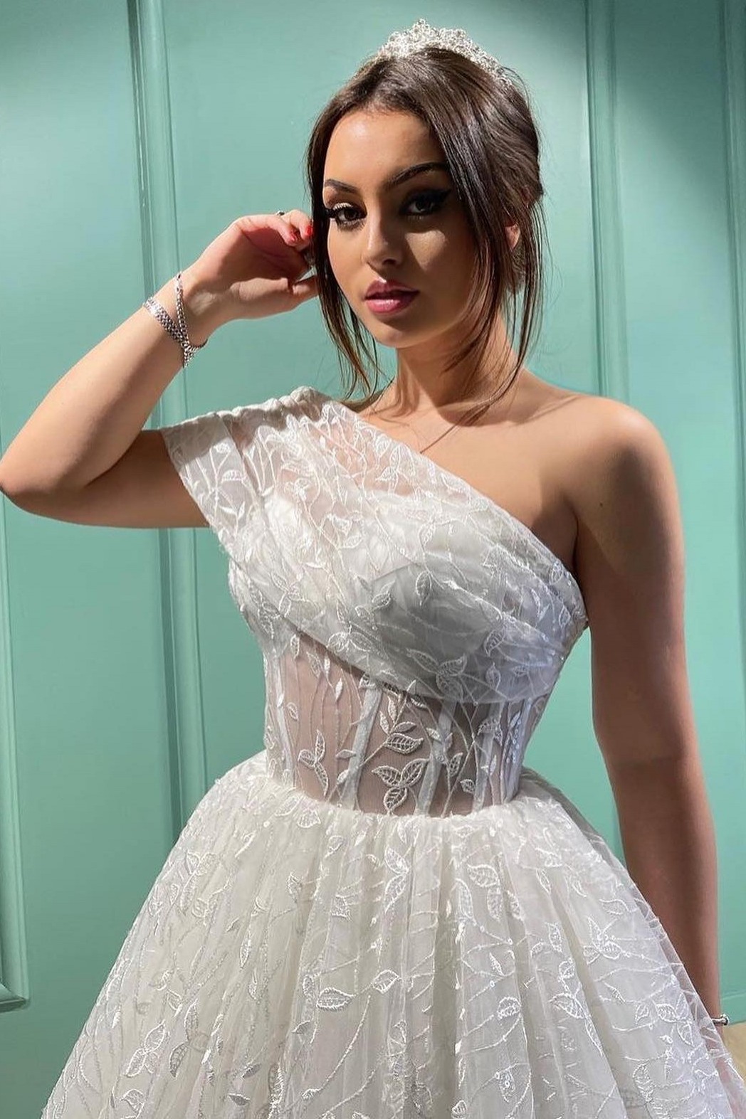 Ball Gown One Shoulder Cap Sleeves Sweep / Brush Train Lace Wedding Gown With Embroidery 3
