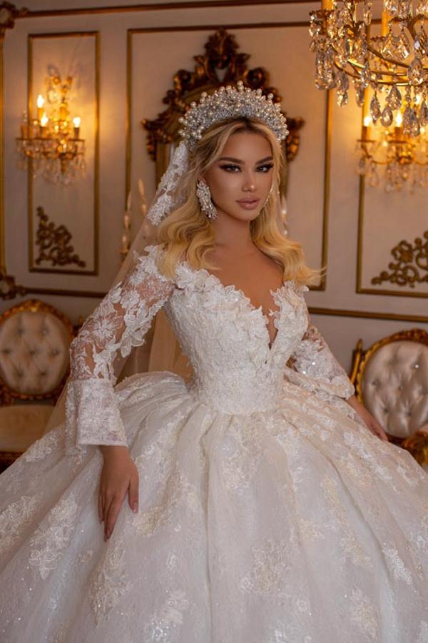 Dramatic Shimmer Tulle Ball Gown with Bishop Sleeves and 3D Lace 3