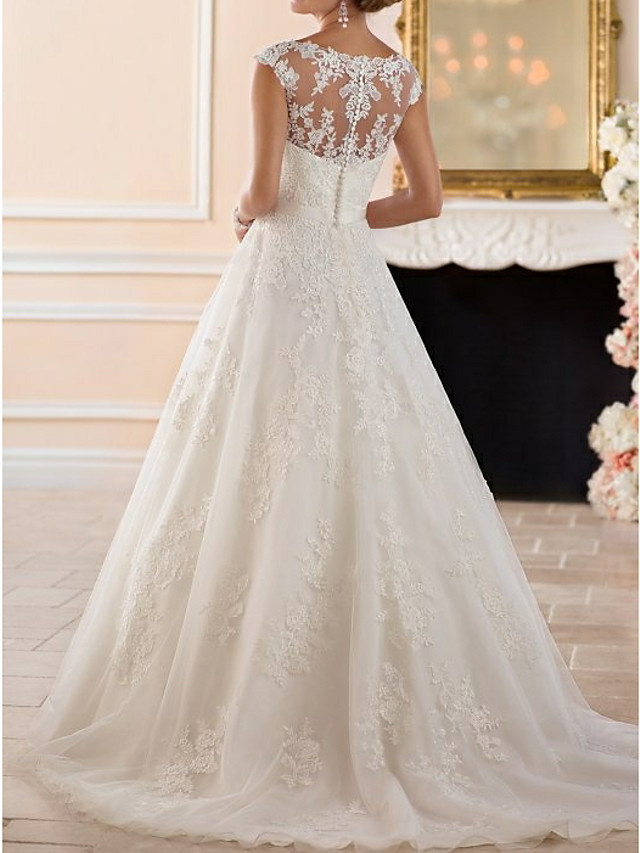 A-line Bateau Neck Cap Sleeves Sweep / Brush Train Tulle Wedding Gown With Lace 2