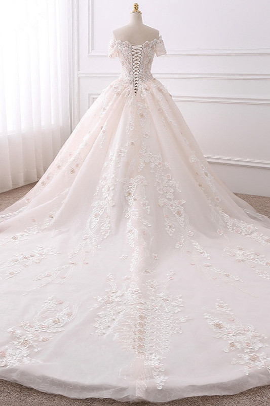 A-line V-neck Short Sleeves Floor-length Tulle Wedding Dress With Appliques 2