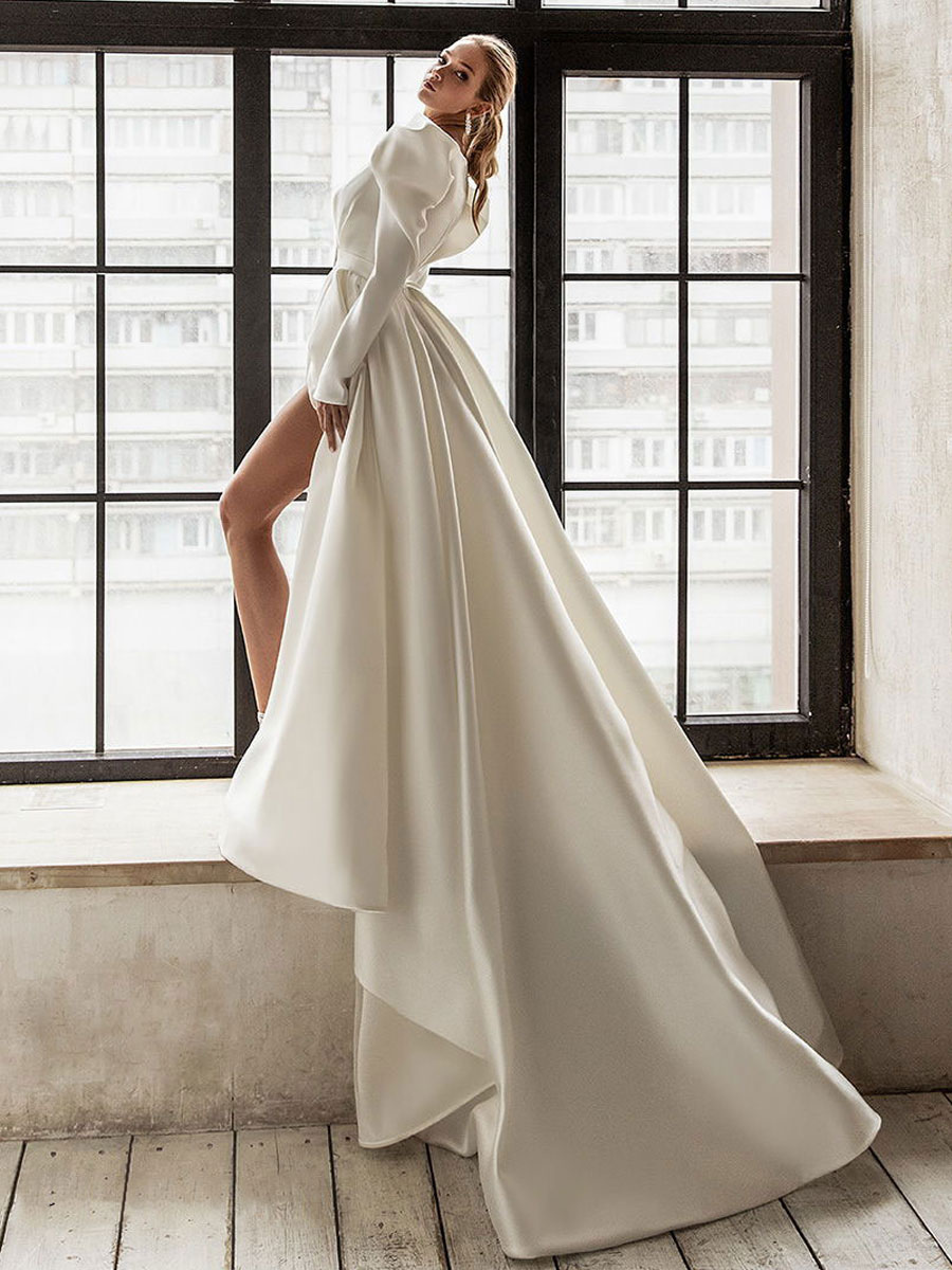 A-line V-neck Long Sleeves Floor-length Bridal Dress 2