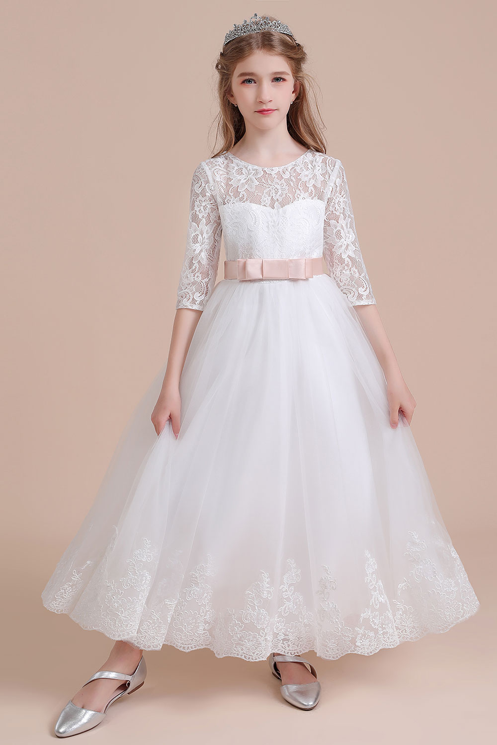 A-line Sweetheart Neck Jewel Neck 3/4-Length Sleeves Ankle-length Tulle Flower Girl Dress With Ribbons 6