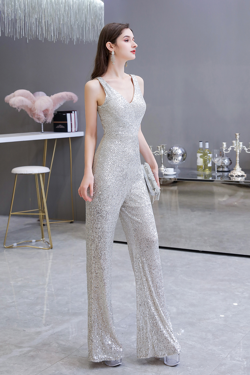 Shining V-neck Silver Sequin Sleeveless Prom Jumpsuit 7