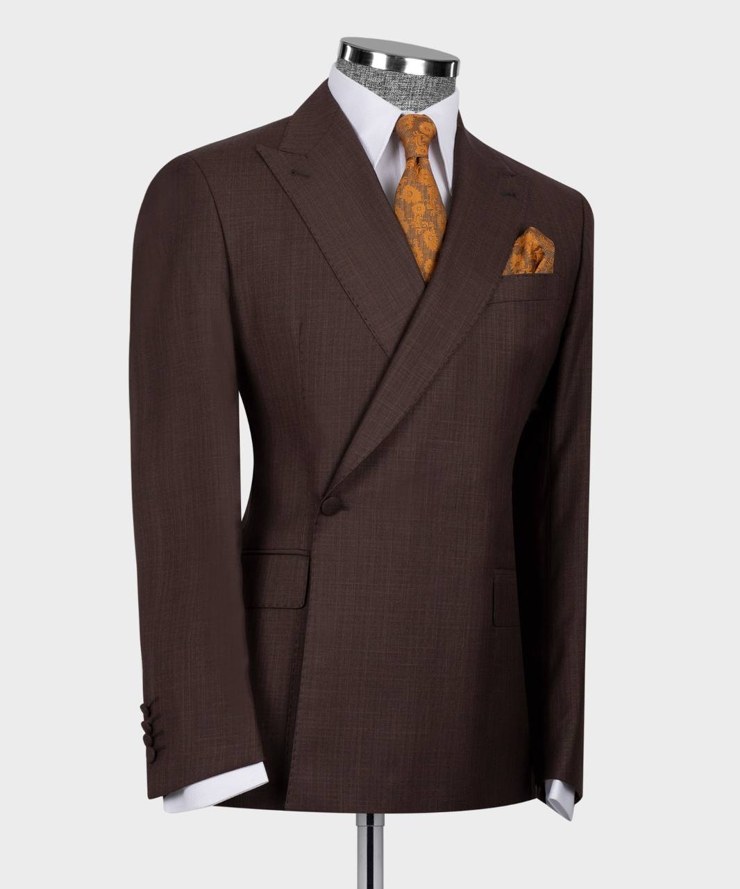 Chocolate One Button Peaked Lapel Slim Fit Men Suit 2
