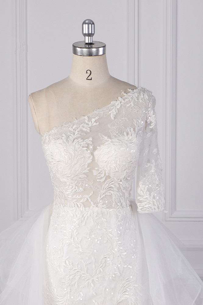 Column One Shoulder 3/4-Length Sleeves Floor-length Tulle Wedding Dress With Appliques 3