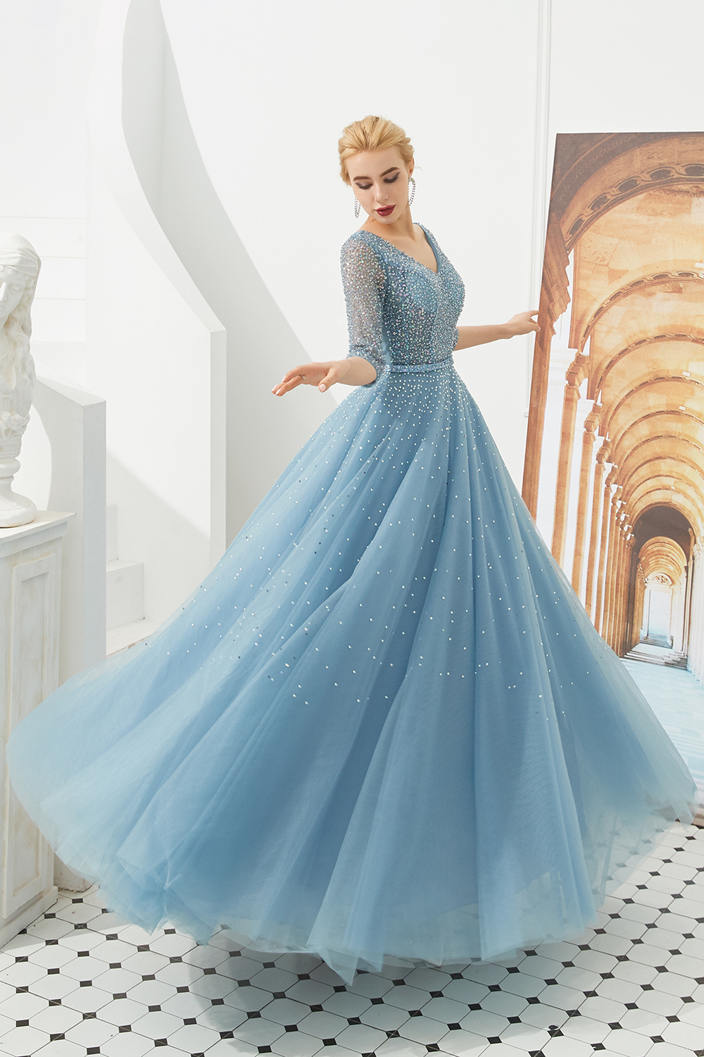 V-neck Half-Sleeves Sweep / Brush Train Tulle Formal Wear With Sequins 4