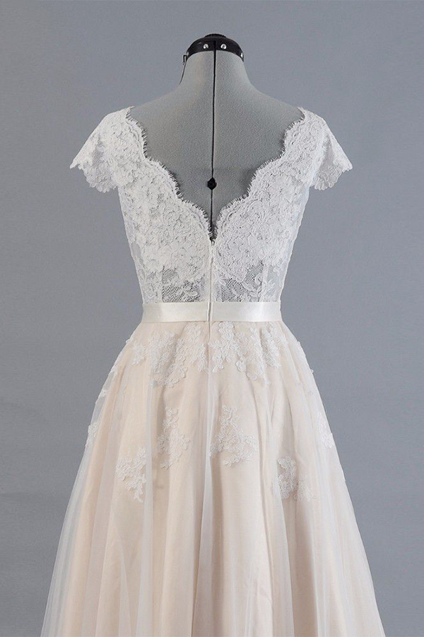 A-line V-neck Short Sleeves Floor-length Tulle Bridal Dress With Ribbons 4
