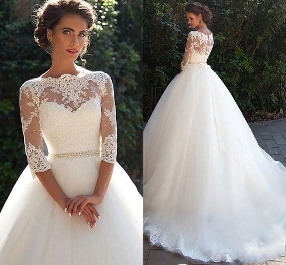 Ball Gown Bateau Neck Half-Sleeves Court Train Wedding Gown With Beading 3