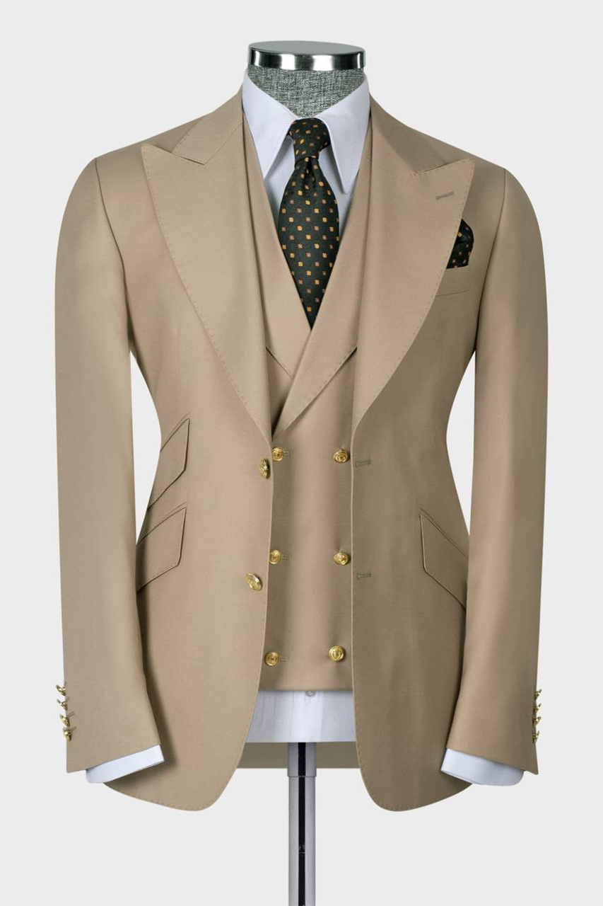 Light Brown Three Pieces Formal Peaked Lapel Business Men Suit 1