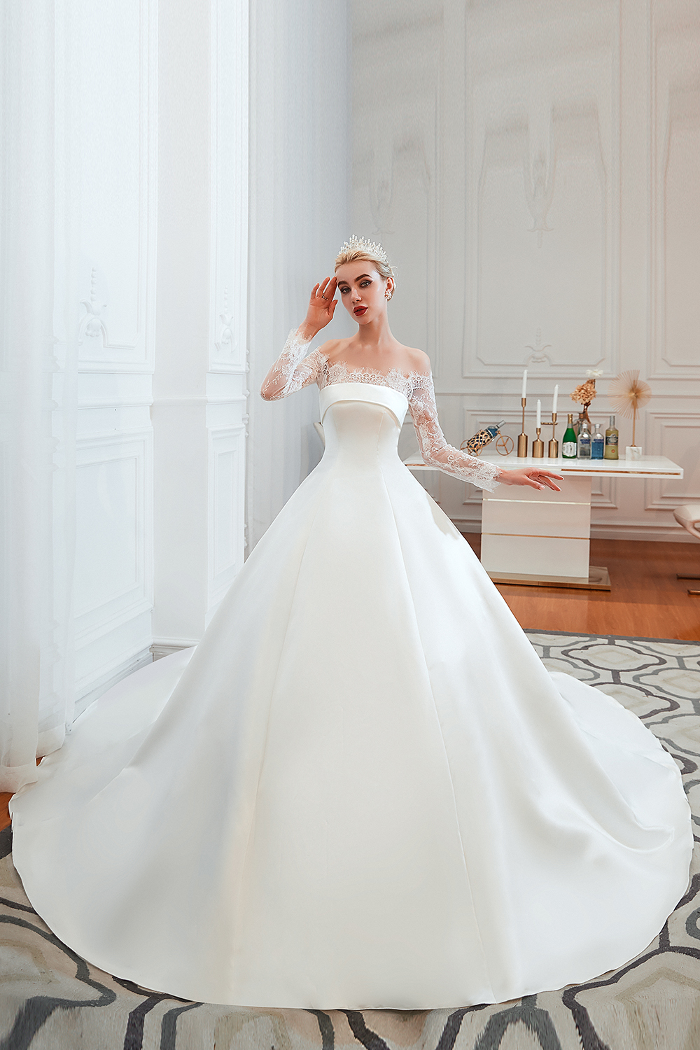 Bateau Neck Long Sleeves Cathedral Train Satin Wedding Gown With Lace 3