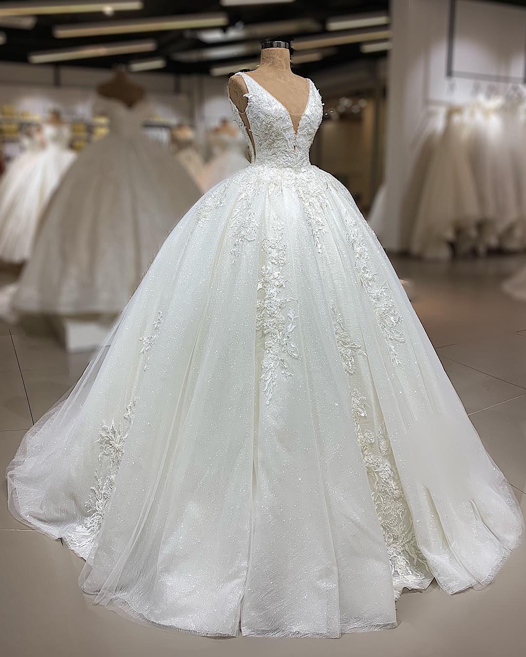 Ball Gown V-neck Cap Sleeves Sweep / Brush Train Wedding Dress With Lace 2