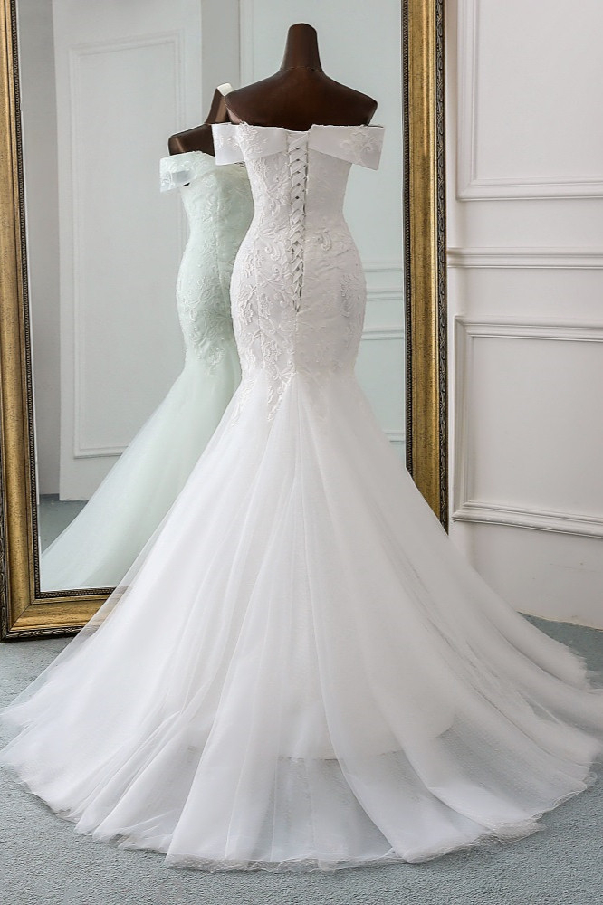 Mermaid Off-the-shoulder Sweetheart Neck Sleeveless Floor-length Tulle Bridal Attire With Appliques 2