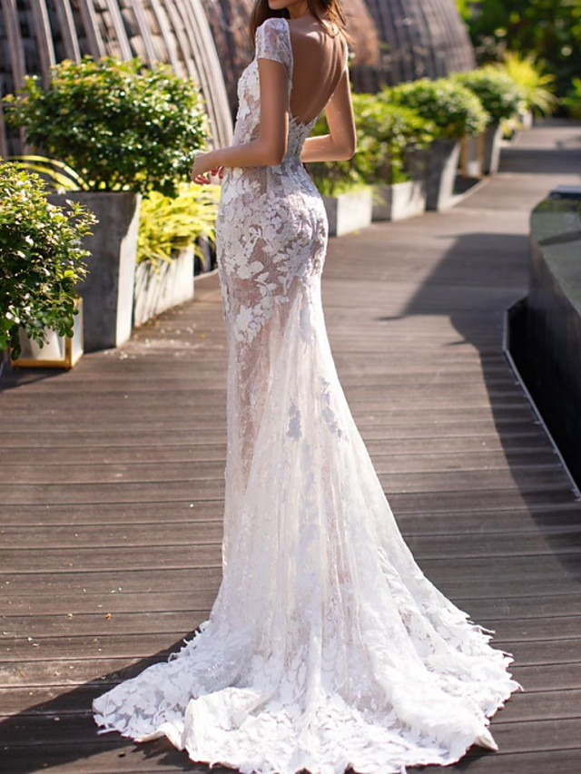 Mermaid Short Sleeves Sweep / Brush Train Lace Wedding Gown With Lace 2