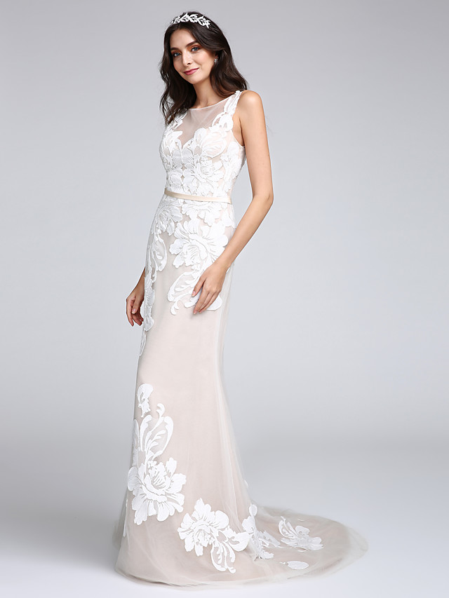 Mermaid Straps Bateau Neck Sweep / Brush Train Tulle Wedding Gown With Buttons 5