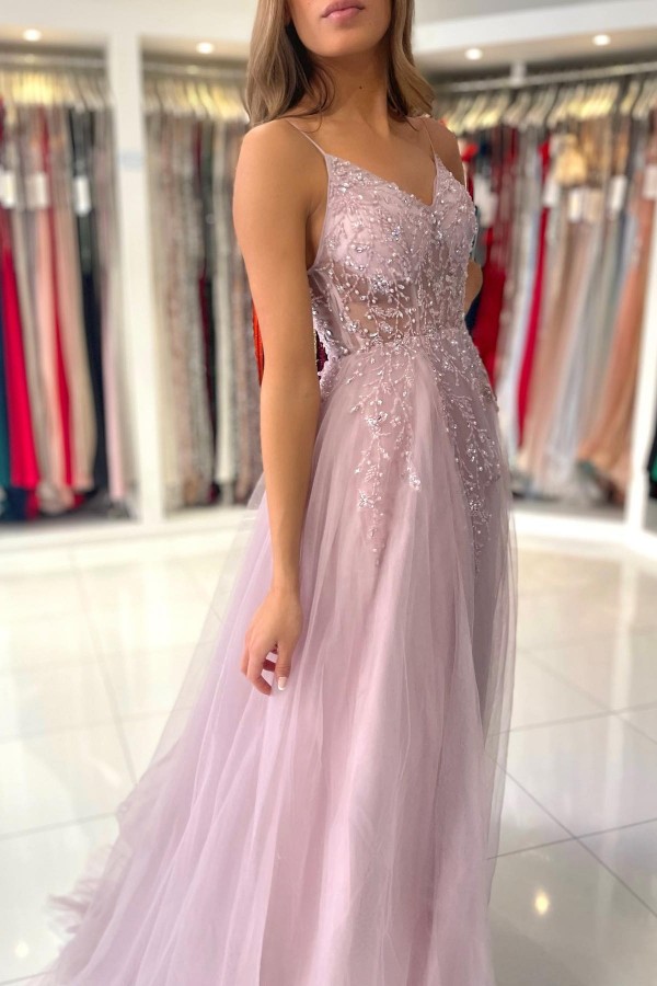 Column Spaghetti Straps Sleeveless Floor-length Tulle Evening Gown With Beading 5