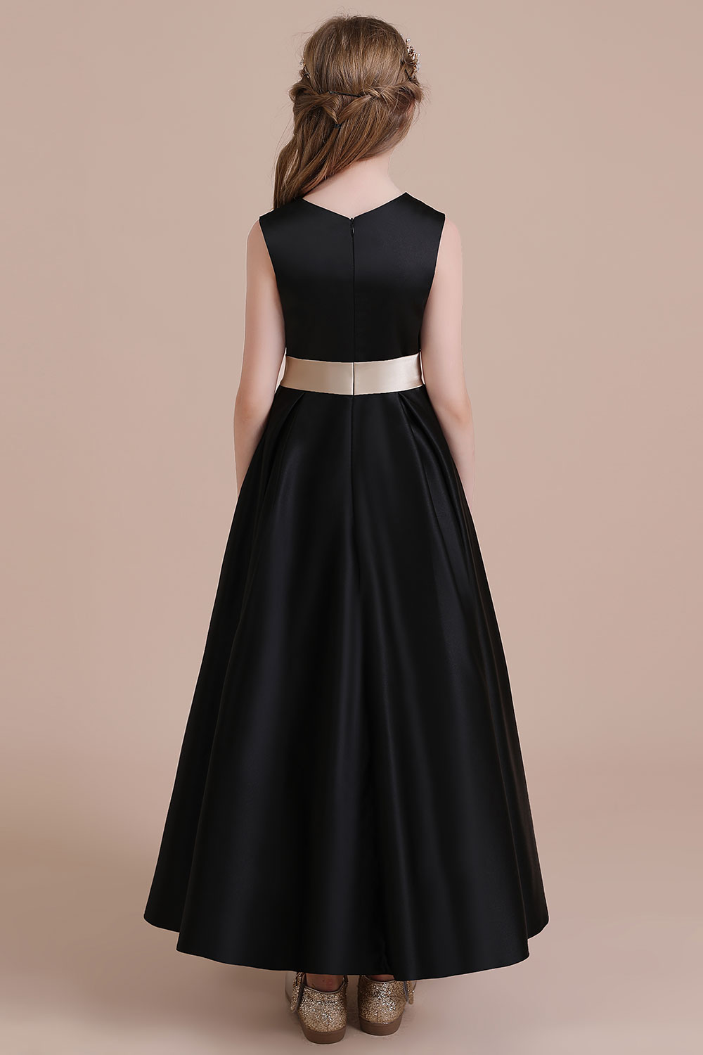 A-line Jewel Neck Sleeveless Ankle-length Satin Flower Girl Dress With Flower(s) 2