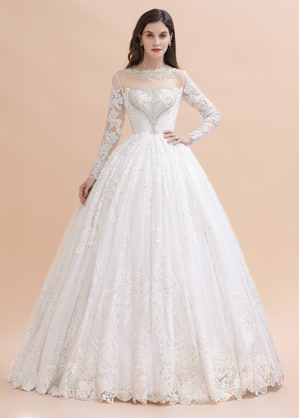 A-line Jewel Neck Long Sleeves Court Train Tulle Wedding Gown With Beading 3
