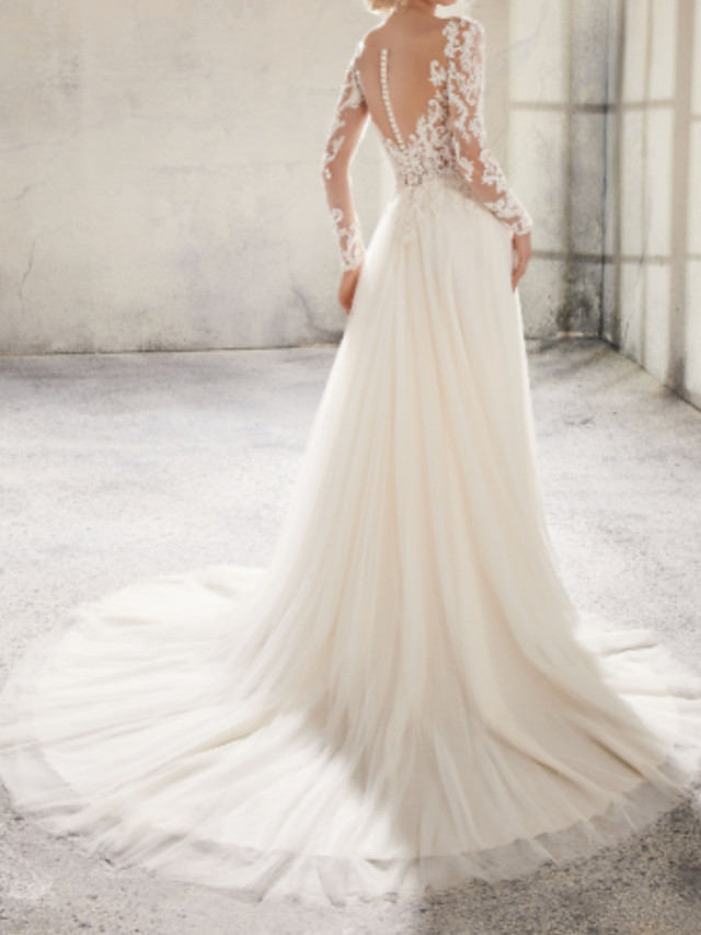 A-line Long Sleeves Sweep / Brush Train Lace Wedding Gown With Lace 2