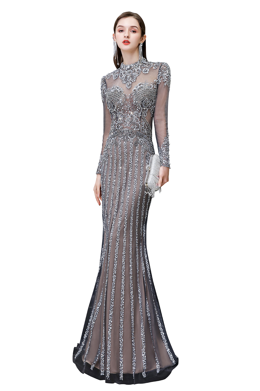 Mermaid High Neck Long Sleeves Sweep / Brush Train Tulle Evening Gown With Beading 13