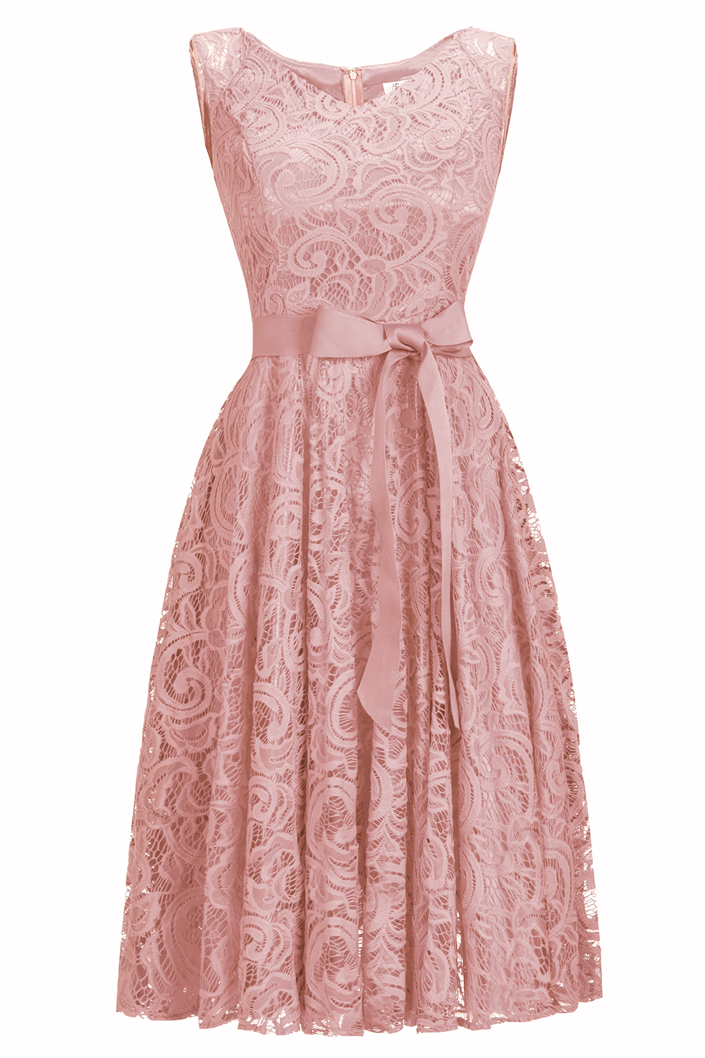 A-line Jewel Neck Sleeveless Knee-length Lace Bridesmaid Outfit With Ribbons 3